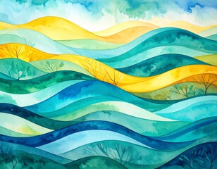 A serene watercolor painting depicting a tranquil landscape, featuring lush green trees and rolling hills under a soft, pastel sky.