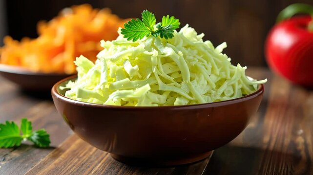 Grated celery root salad with parsley in brown bowl on wooden table