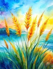 A serene watercolor painting depicting lush green grass gently swaying in the breeze, seamlessly blending into the tranquil blue ocean waves under a clear sky.