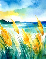 A serene watercolor painting depicting lush green grass gently swaying in the breeze, seamlessly blending into the tranquil blue ocean waves under a clear sky.