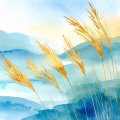 A vibrant watercolor painting showcasing lush green grass swaying gently in the breeze, set against majestic mountains under a clear blue sky.