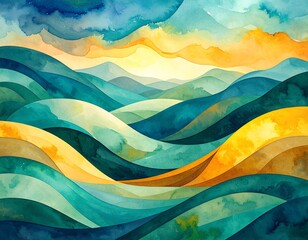 A serene watercolor painting showcasing majestic mountains with soft, rolling hills in the foreground, blending vibrant greens and blues under a gentle sky.