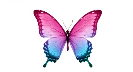 Obraz premium Pink butterfly wings gently unfurl showcasing vibrant gradient colors against a bright white background.. AI Generated