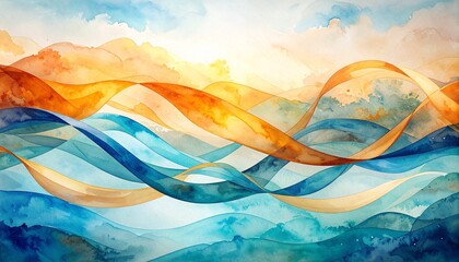 A serene watercolor painting showcasing majestic mountains in soft pastels, with gentle waves lapping at a tranquil shoreline under a vibrant sky.