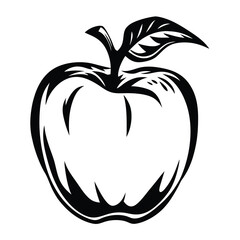 Stylized black and white apple illustration with a leaf and stem