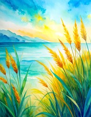A vibrant watercolor painting depicting a serene seascape, with gentle waves lapping against sandy shores, framed by lush green grass swaying in the breeze.