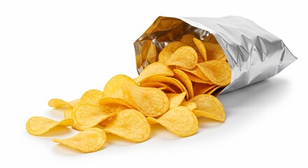 Golden potato chips spill from a crinkled foil bag against a bright white background. AI Generated