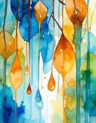 A vibrant watercolor painting showcasing a serene forest scene, featuring tall, lush trees with varying shades of green, dappled sunlight filtering through the leaves.