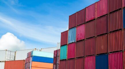 Cargo ship container goods export import international transport on blue sky background, warehouse...