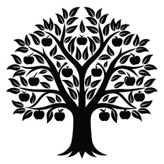 Obraz premium Stylized black and white apple tree with leaves and fruit design