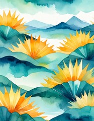 A vibrant watercolor painting showcasing lush tropical plants, featuring rich greens, bold splashes of color, and delicate brushstrokes that evoke a serene paradise.