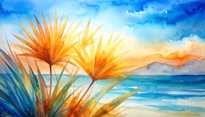 A vibrant watercolor painting showcasing lush tropical plants swaying gently on a sun-kissed beach, with soft waves lapping at the shore.