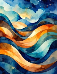 A vibrant watercolor painting depicting gentle ocean waves under a starlit sky, with swirling blues and purples blending harmoniously, creating a serene atmosphere.