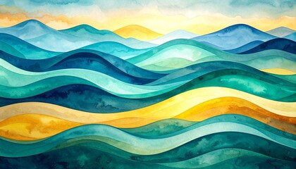A vibrant watercolor painting depicting dynamic ocean waves, showcasing a blend of blues and greens with white frothy crests, capturing the fluidity of water.