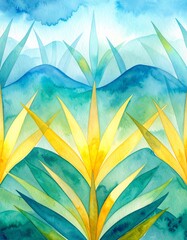 A vibrant watercolor painting featuring an array of yellow and blue leaves, showcasing intricate details and soft blending of colors against a light background.