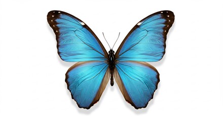 Fototapeta premium Vibrant blue morpho butterfly wings gracefully spread against bright white background. AI Generated