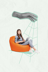 Image zine sketch 3d collage poster of girl guy hang rope marionette exploitation hand control toy...