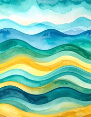 A serene watercolor background featuring gentle, flowing waves in soft blues and greens, creating a calming and tranquil oceanic atmosphere.