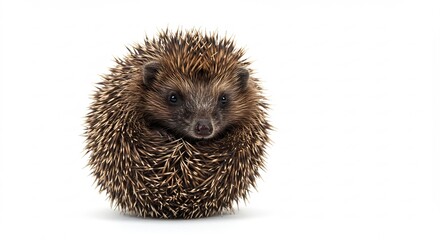 Fototapeta premium Cute hedgehog curls tightly into ball against bright white background. AI Generated