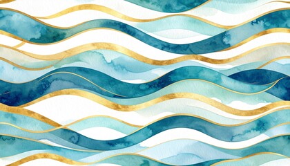 A vibrant watercolor seamless pattern featuring flowing waves in various shades of blue and turquoise, blending harmoniously with soft white highlights.