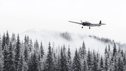Vintage Aircraft Flying Over Snowy Forest Landscape in Winter