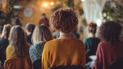 Fototapeta premium Woman with curly hair sits in audience listening to speaker at workshop.