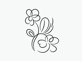 Elegant Black Line Art Floral Design Two Flowers Stem Leaves Minimalist Botanical Illustration