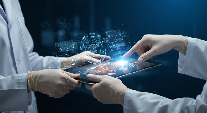 Medical Team Analyzes Data on Tablet with Futuristic Interface