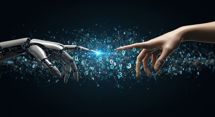 Artificial Intelligence Connection Human and Robot Hand Touching on Digital Background