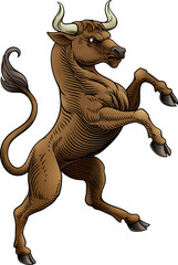A bull in a heraldry coat of arms crest heraldic style rearing, standing rampant on its hind legs.