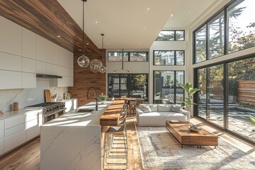 Obraz premium Modern open-concept kitchen with white cabinets, walnut island, and barstools in a San Francisco home.