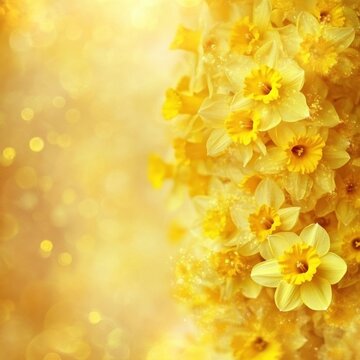 Daffodils in golden light close up studio shot for spring or Easter background floral arrangement with bokeh