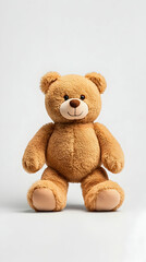 Fototapeta premium Light Brown Fluffy Teddy Bear Sitting on White Background