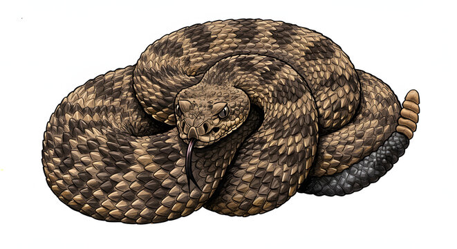 A badass digital pic of a coiled rattlesnake with a rough, bumpy brown and black diamond-patterned skin