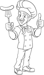 A chef cartoon barbecue cook man giving thumbs up and holding a hotdog or grilled sausage on a BBQ or cooking fork mascot character illustration