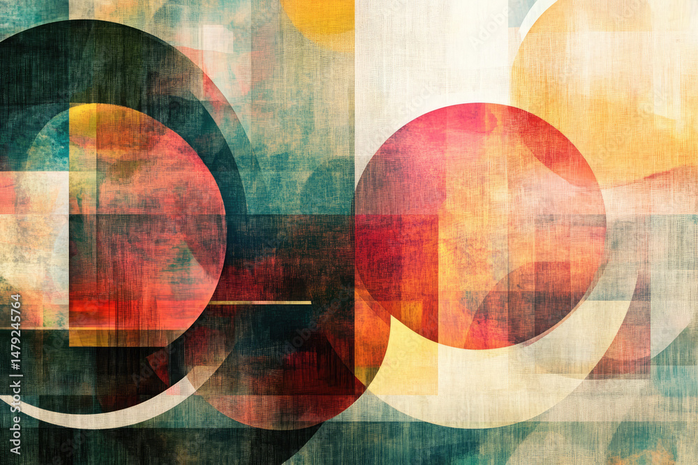 Poster A colorful abstract composition with overlapping circles and squares