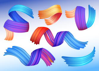 Brushstroke multicolor gradient texture set. Brush ribbons. Design elements of wavy curly brush paint stroke. Watercolor trace or abstract colorful smears cartoon illustration