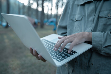 Future remote work combines technology nature smart phone enable e-learning productivity while...