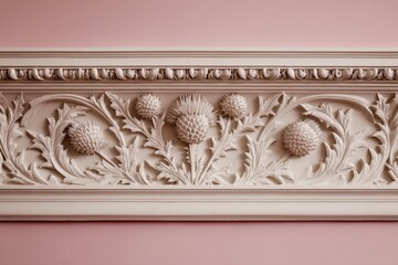 Naklejka premium Ornate plaster frieze with thistle motifs on a pale pink wall.