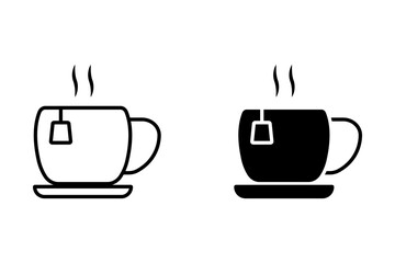 Cup with tea bag graphic icon. Cup and saucer sign isolated on white background. Vector illustration