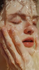 Fototapeta premium Close-Up Face of Young Person with Water Splashing on Features