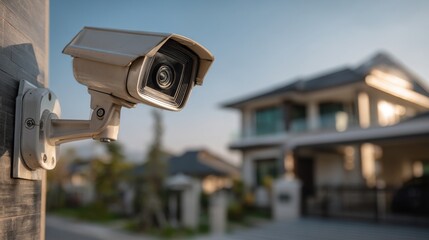 A 4K photo of security camera mounted on house exterior. Modern home in background. Surveillance tech protects property. Home safety equipment on building wall. Exterior.