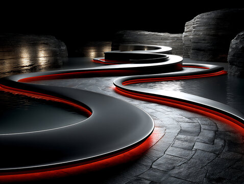 futuristic and abstract 3d rendering of pulsating red neon lights embedded in a rough, textured stone pathway leading into shadow, creating a stark contrast,