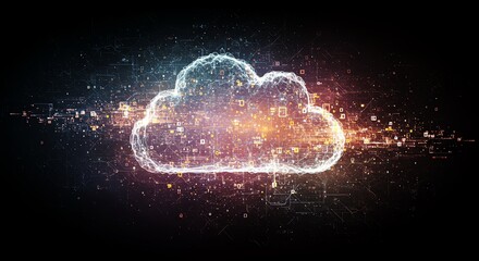 Digital cloud concept with glowing network data particles and abstract futuristic light effect on black background