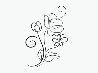 Elegant Black Line Art Floral Design with Swirls and Leaves