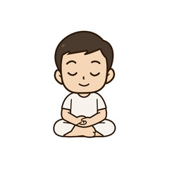 cute boy meditating in white clothes cartoon character