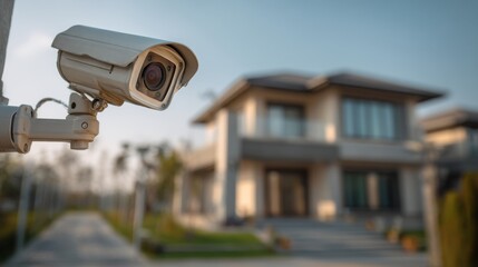A 4K photo of security camera mounted on house exterior. Modern home in background. Surveillance tech protects property. Home safety equipment on building wall. Exterior.