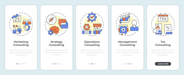 Consulting types onboarding mobile app screen. Marketing, management. Walkthrough 5 steps editable graphic instructions with linear concepts. UI, UX, GUI. Montserrat SemiBold, Regular fonts used