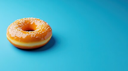 Golden-brown donut with a smooth vanilla glaze, isolated on a vibrant blue background with empty space. 