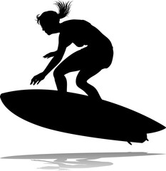 Surfer surfboard boarding female surfer surfing silhouette outline. Woman surf pose design concept.